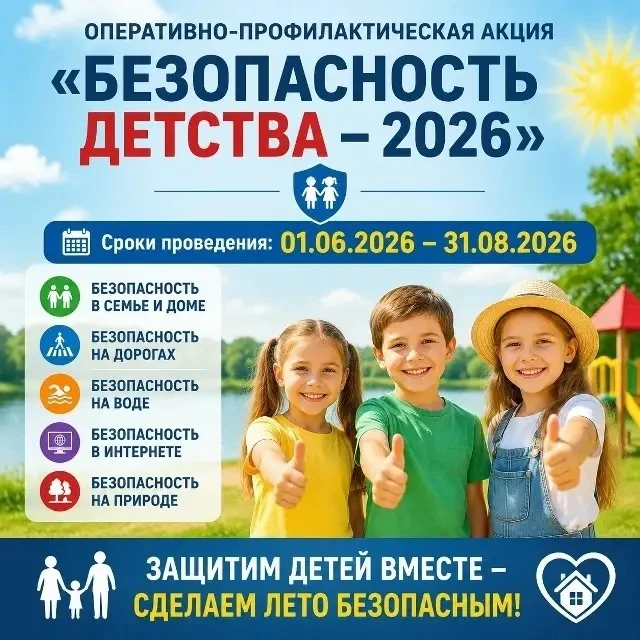 📢ВСЕРОССИЙСКАЯ АКЦИЯ «БЕЗОПАСНОСТЬ ДЕТСТВА-2026» 
 
✅С 1 июня 2026 года по 31 августа 2026 года уже