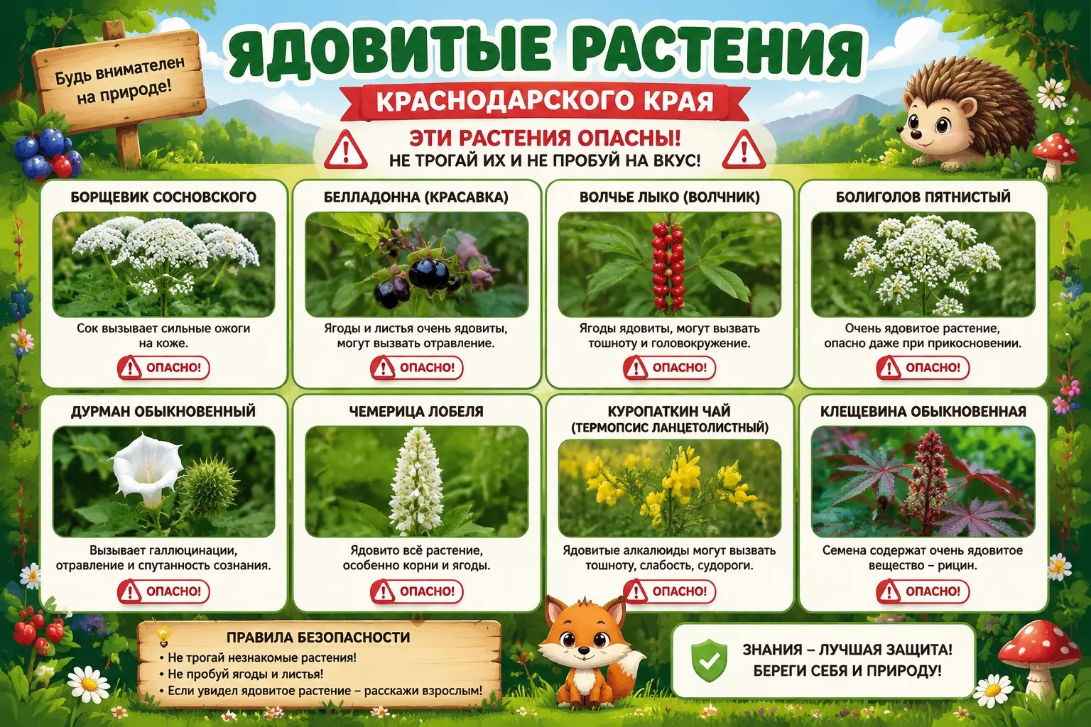 Будь внимателен на природе!

🌿 Ядовитые растения Краснодарского края: как их распознать?

В нашем р