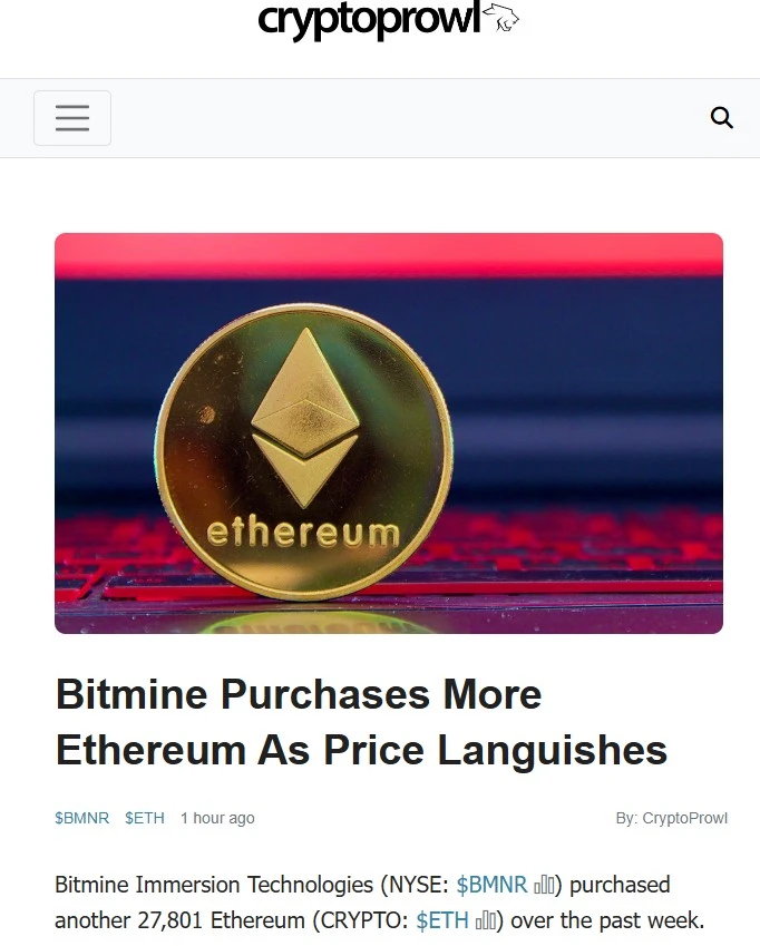 Bitmine скупает больше Ethereum на фоне низкой цены