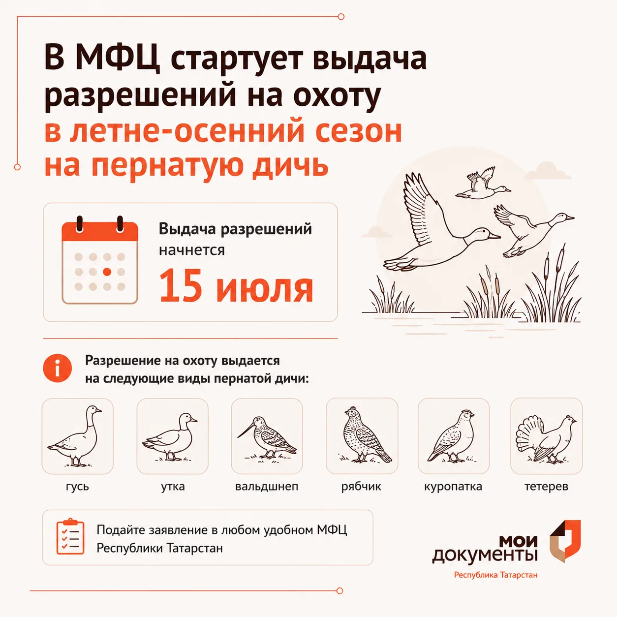 15 июля МФЦ Татарстана начнет выдачу разрешений на добычу пернатой дичи в общедоступные охотничьи уг