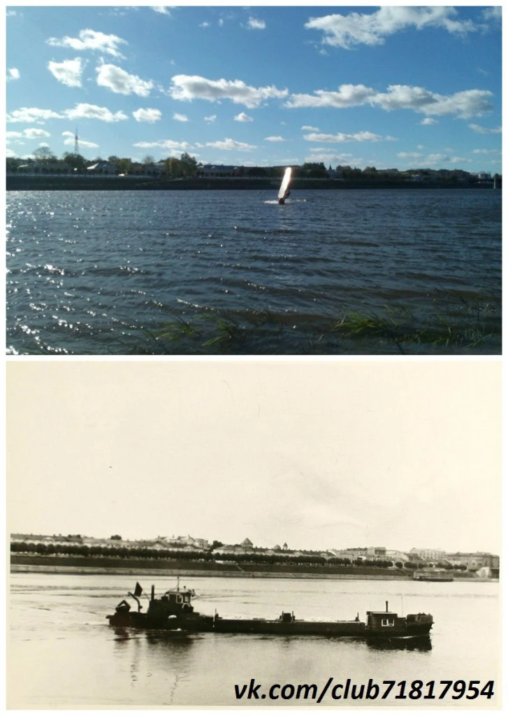 Город Калинин. Вид на набережную Степана Разина, фото приблизительно 1970х - лето 2015 года.