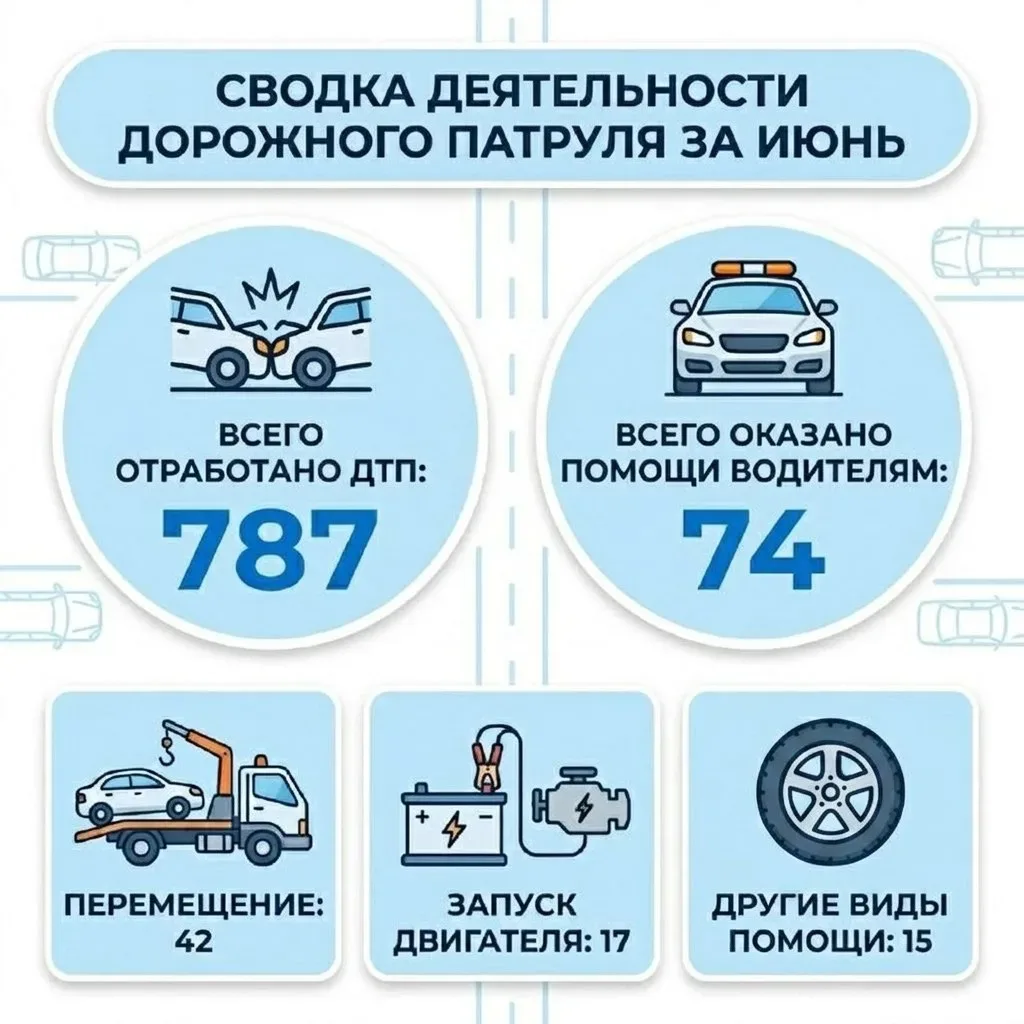 Специалисты службы «Дорожный патруль» отработали 787 ДТП за июнь