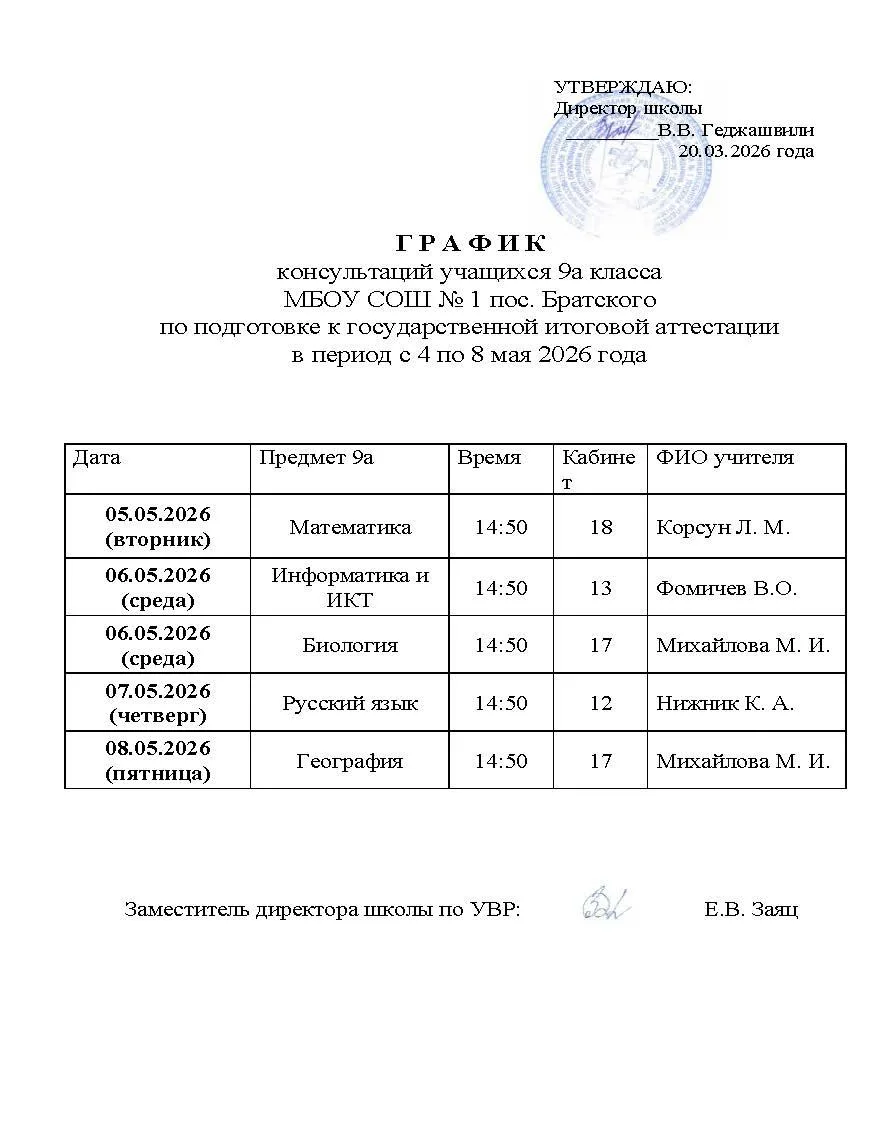 Графики консультаций по подготовке к ОГЭ в период с 4 по 8 мая 2026 года