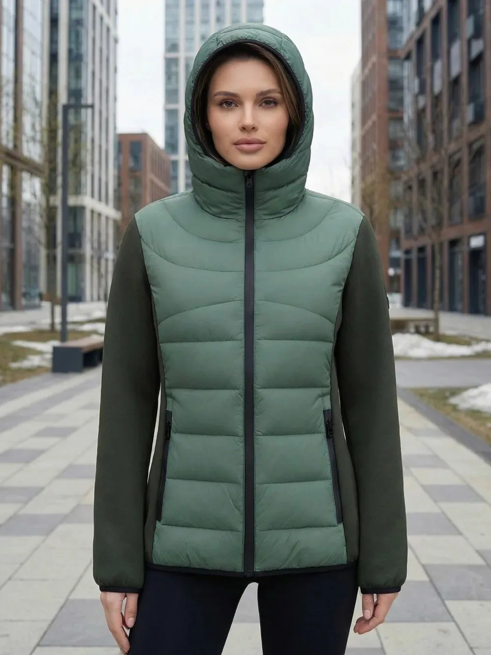 🛍️ Куртка женская гибридная стёганая с капюшоном с графеновой подкладкой цвета хаки 96...