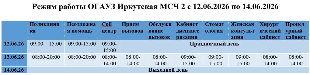 Режим работы ОГАУЗ Иркутская МСЧ 2 с 12.06.2026 по 14.06.2026