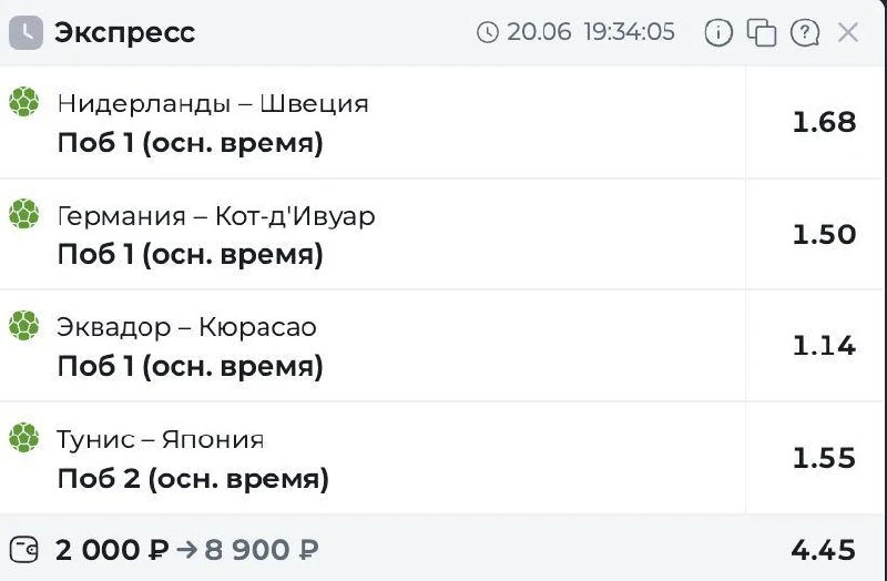 Сегодня играемся с мега банальным экспрессом. Просто тупо ставлю на победы фаворитов.
