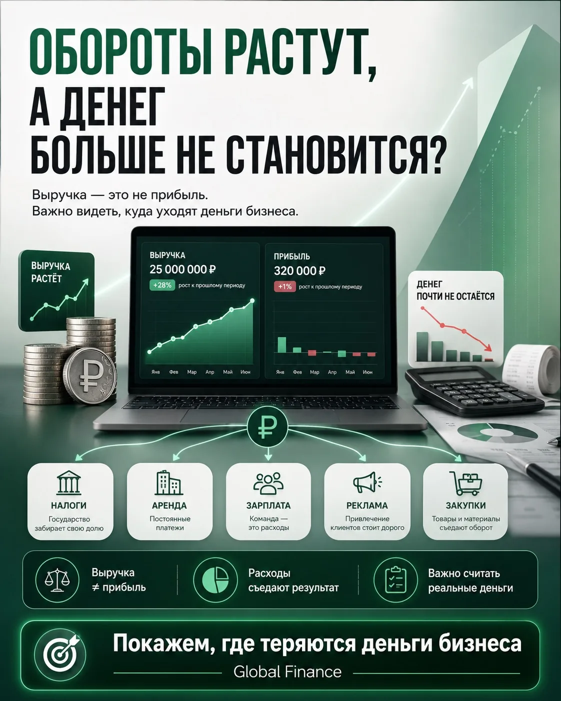 Обороты растут, а денег больше не становится?

У бизнеса может быть хорошая выручка, постоянные опла
