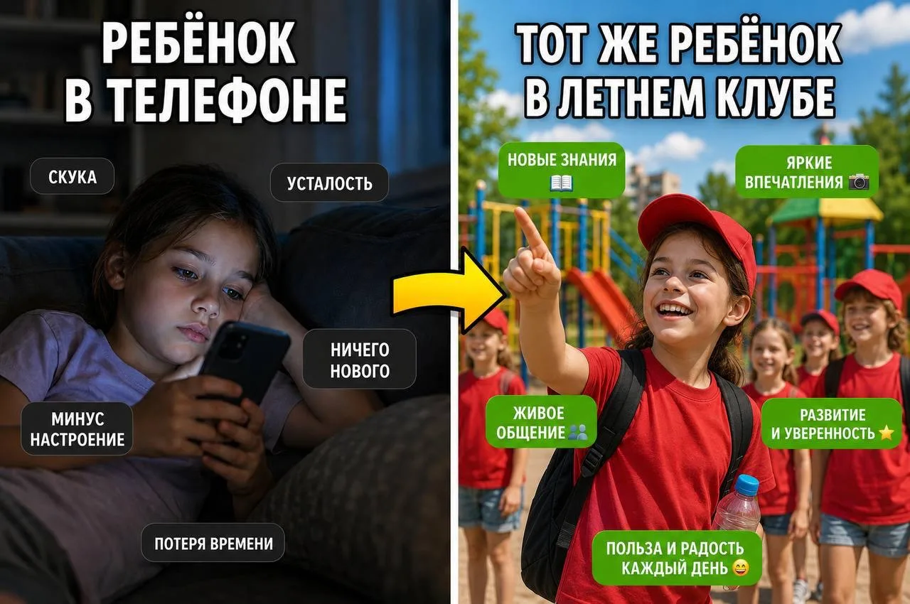 🎒 Что выбирает ребёнок летом?

❌ Сидеть дома с телефоном
или
✅ Новые друзья, игры, мастер-классы, п