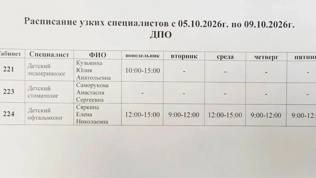 Расписание специалистов на текущую неделю!