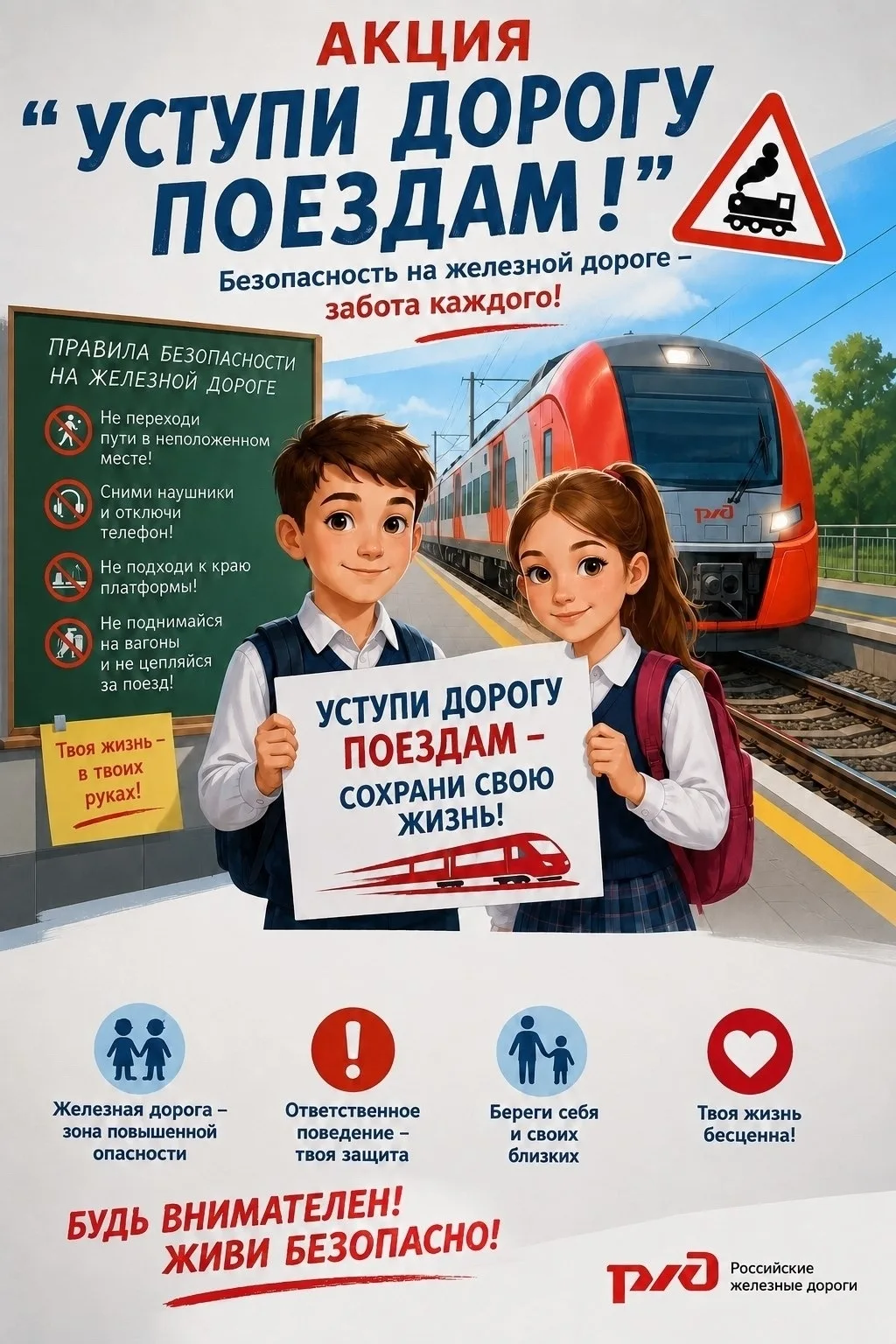 🚊С 1 по 31 мая 2026 года на всей сети ОАО «РЖД» проходит детский месячник «Уступи доро...