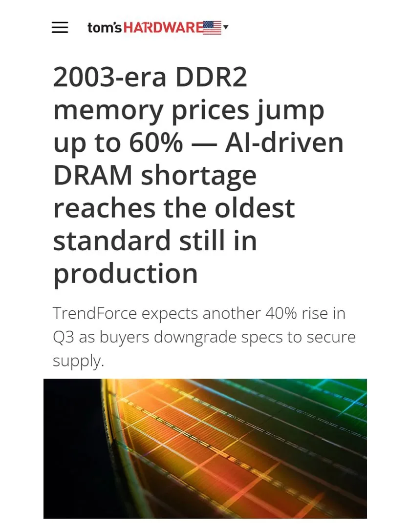 Оперативная память DDR2 подорожала на 60% на фоне дефицита памяти. Аналитики прогнозируют дальнейший