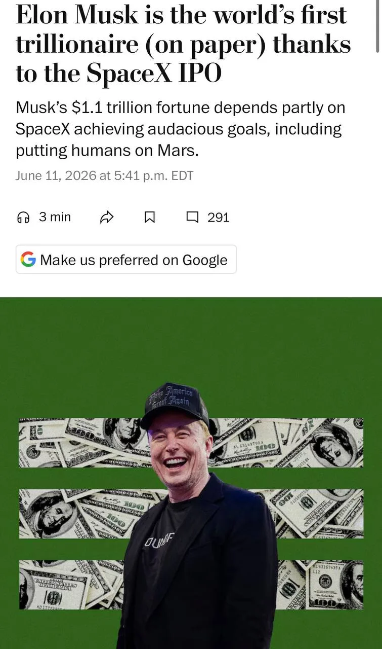 Маск стал первым триллионером в истории — сегодня его компания SpaceX вышла на IPO, что...