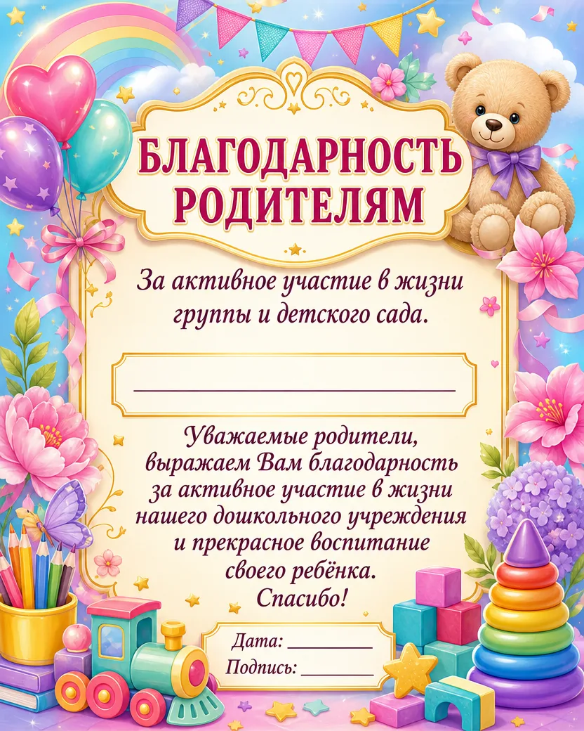 Благодарность родителям в детском саду 💖

Яркая и нежная благодарность для родителей за активное уч