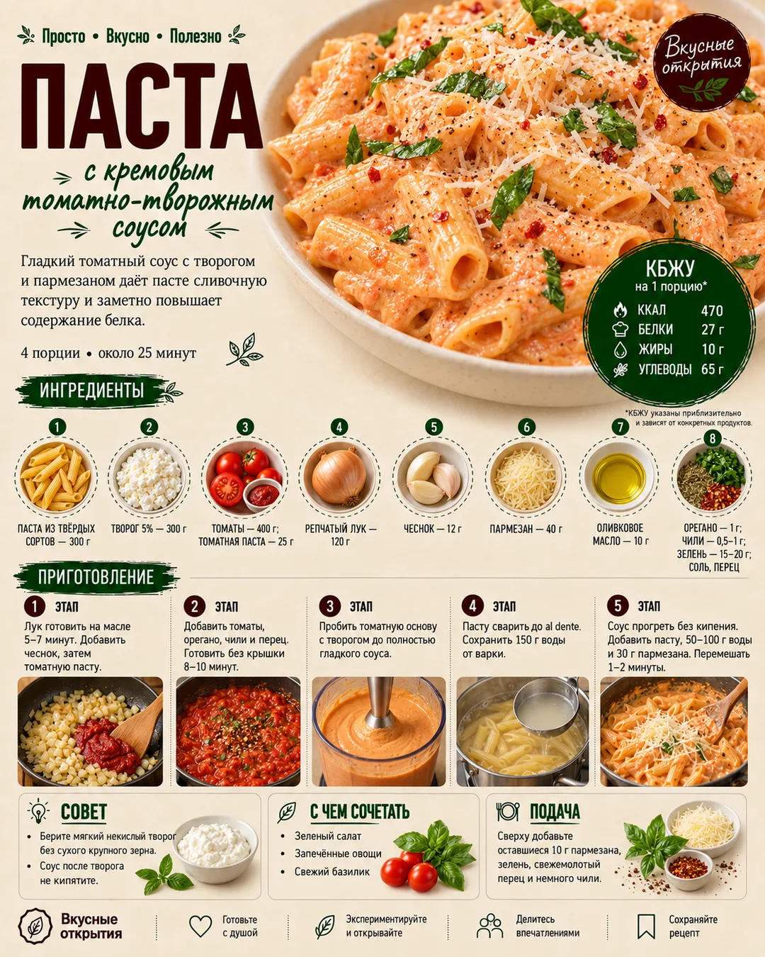 Паста с кремовым томатно-творожным соусом
