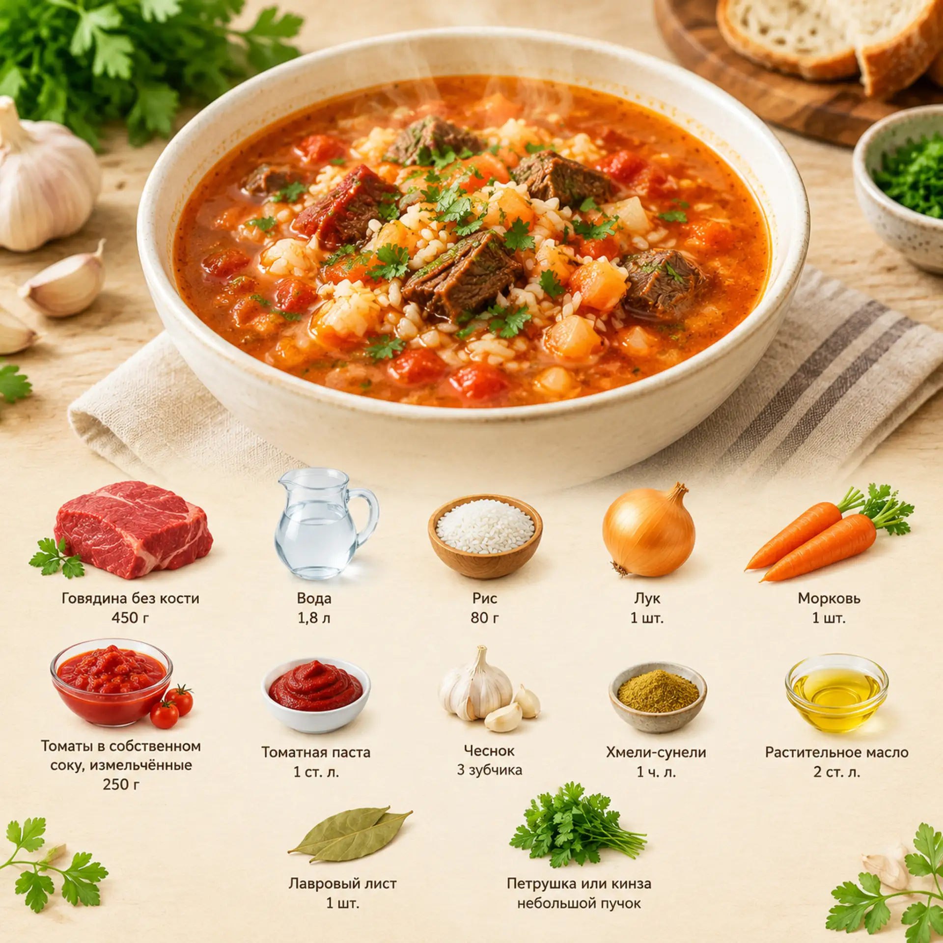 Домашний суп с говядиной, рисом и чесноком 🤤