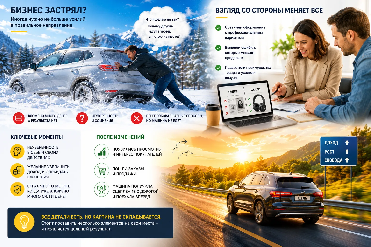 🚗 Иногда бизнес похож на машину, которая застряла в снегу.

Один человек очень хотел доехать до сво