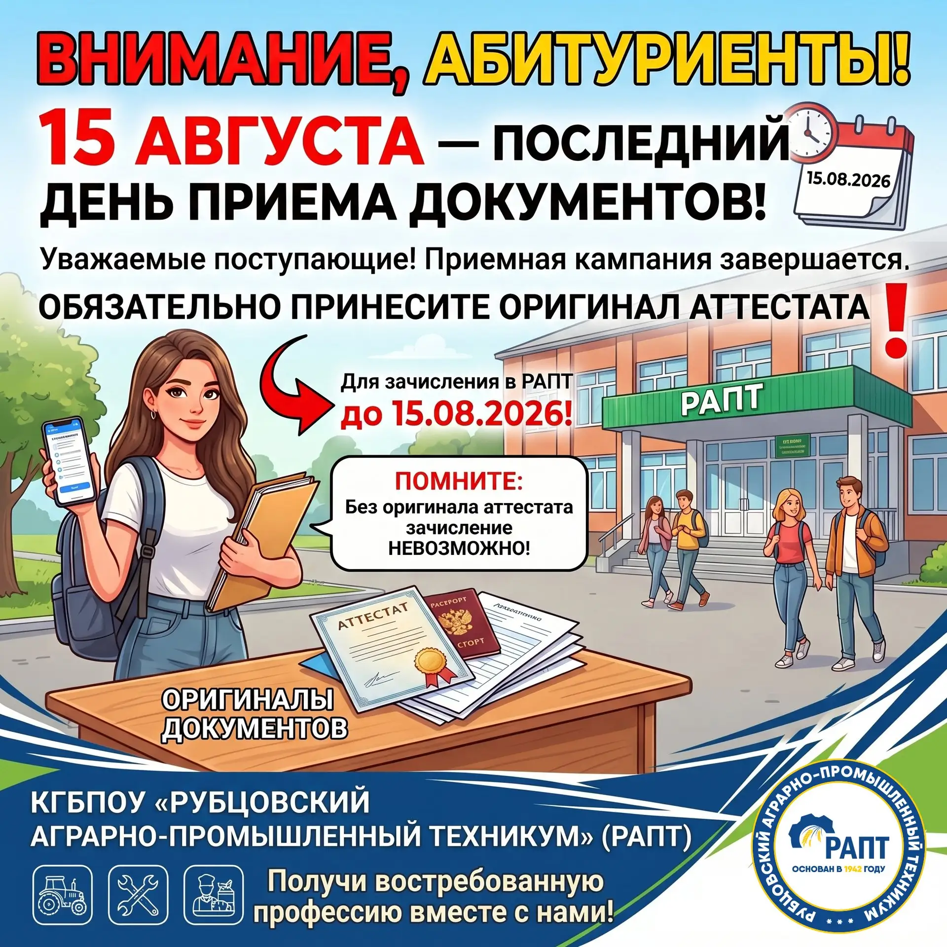 🎓 Внимание, абитуриенты! 15 августа — последний день приема документов!