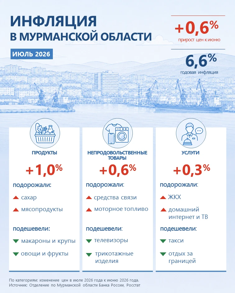 В июле годовая инфляция в Мурманской области составила 6,6%. Больше всего выросли цены ...