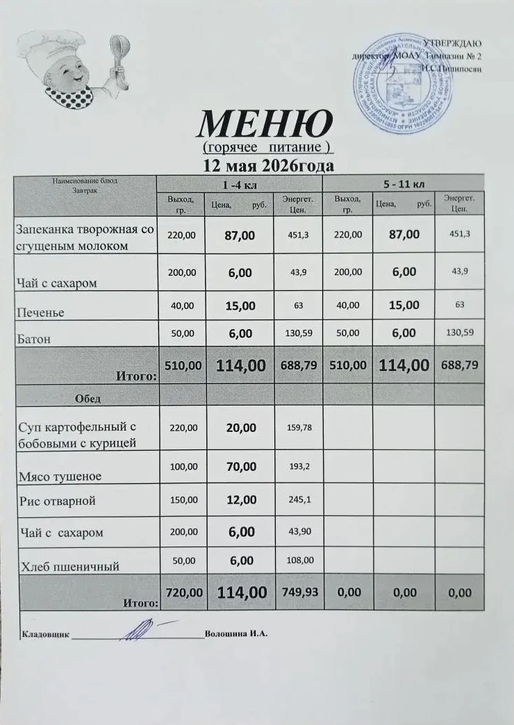Школьное меню МОАУ ГИМНАЗИЯ 2 12.05.2026