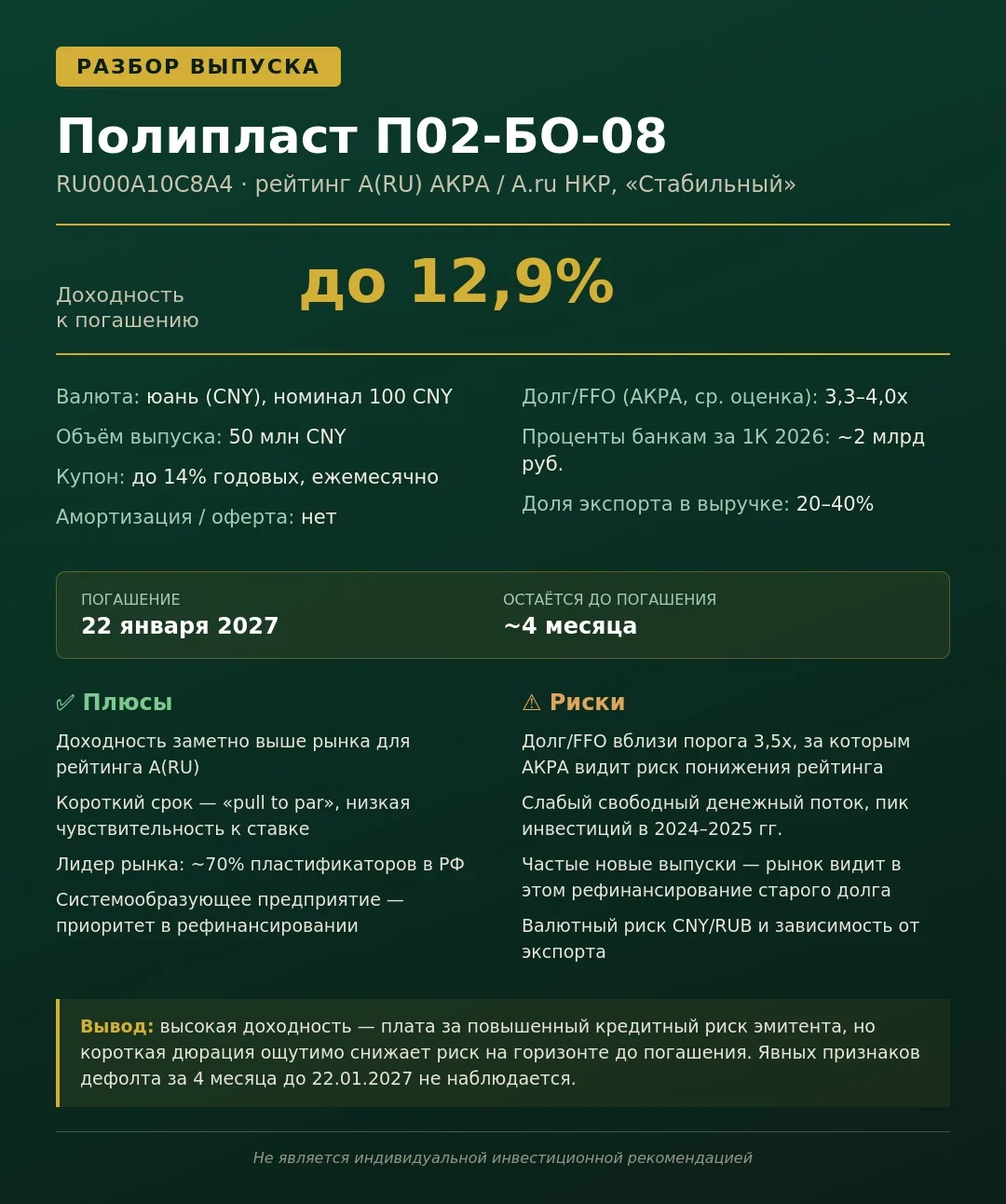 📌 Полипласт П02-БО-08 (RU000A10C8A4) — привлекательная доходность на коротком сроке