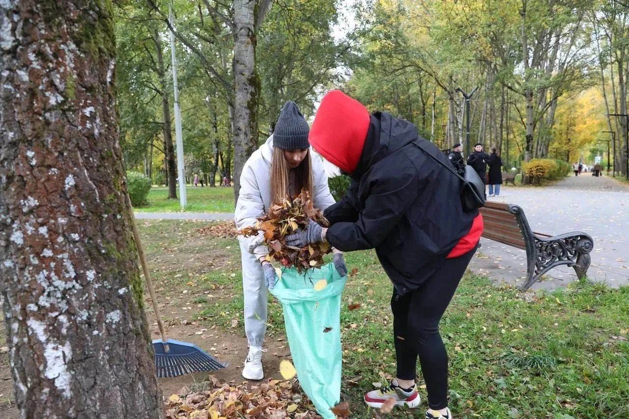 Более 500 мешков листвы собрали на субботнике в Центральном парке Победы