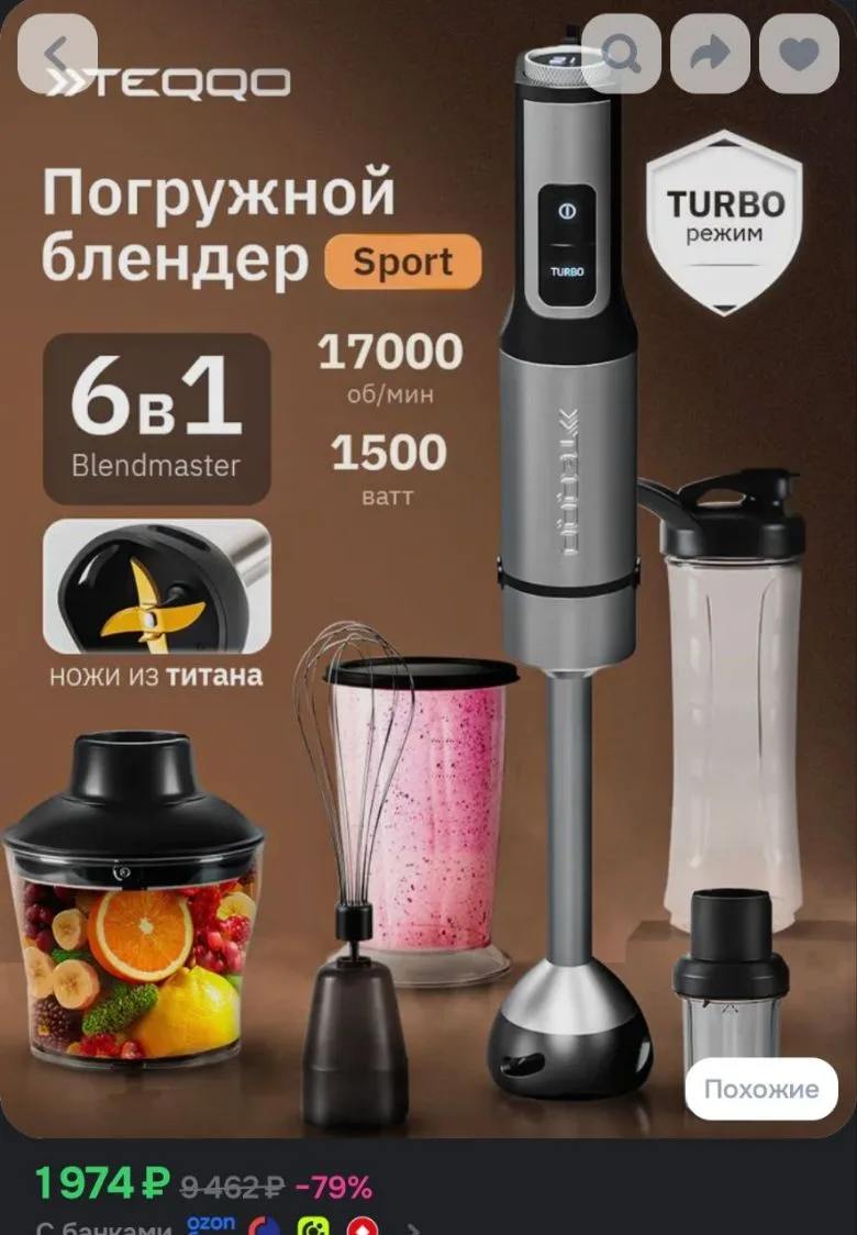 Teqqo Погружной блендер Blendmaster Sport 6в1 с дополнительными насадками и шейкером