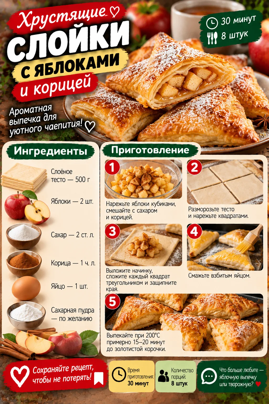 🍎 Хрустящие слойки с яблоками и корицей