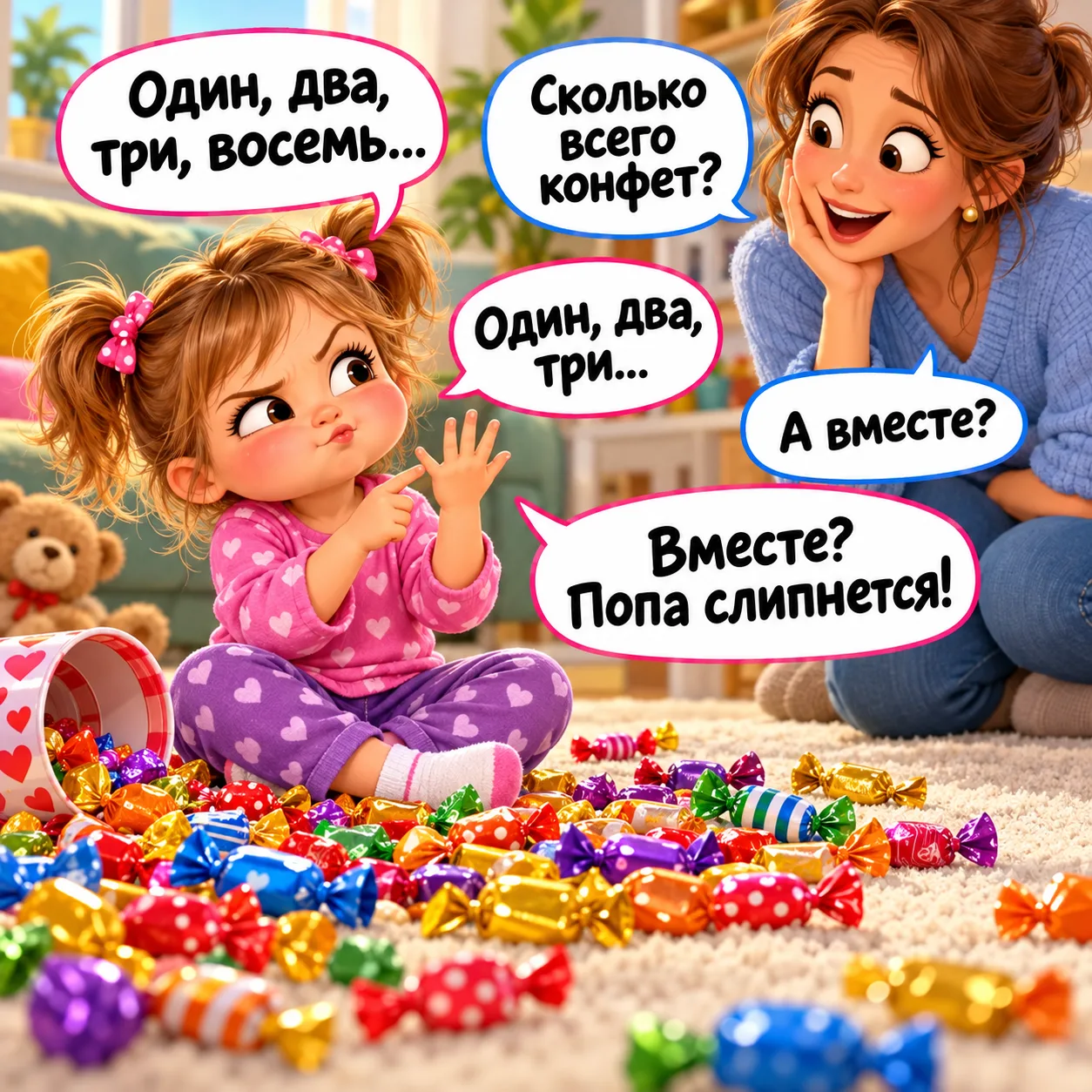 Дочке 3 года. Рассыпала на полу конфеты, считает: