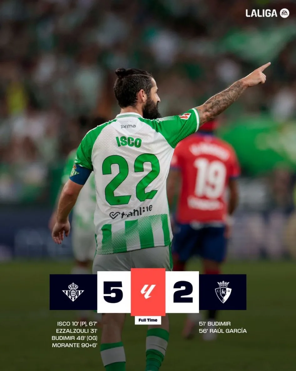 🏁 «Бетис» разгромил «Осасуну» — 5:2! ⚽