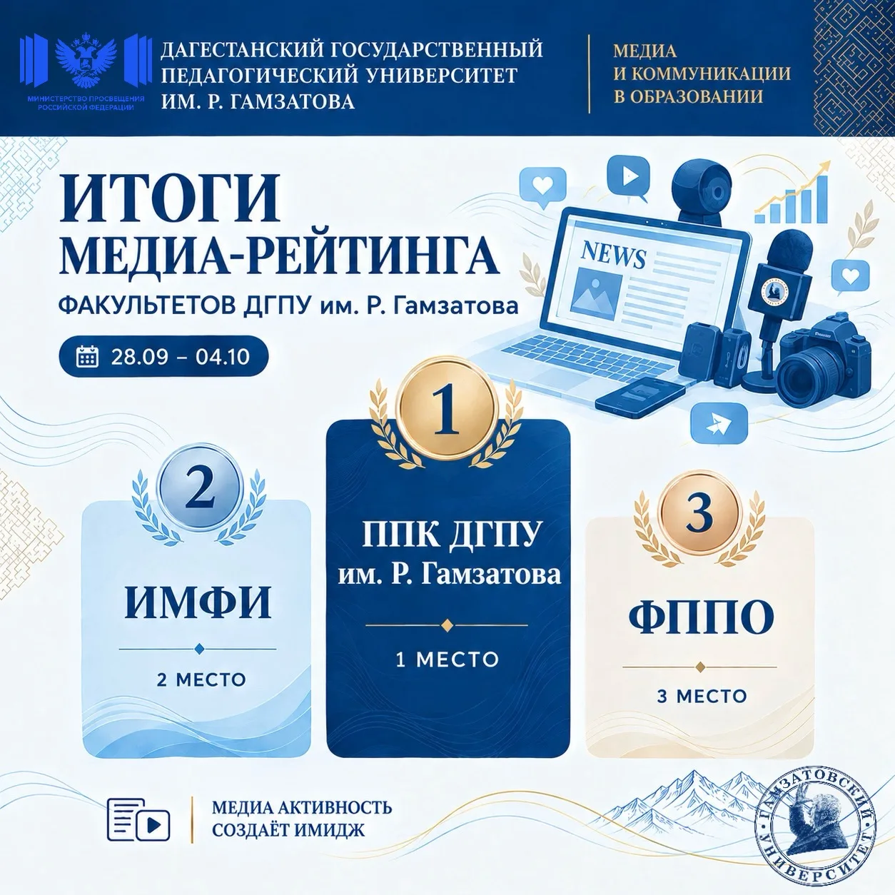 🎉 Продолжаем делиться с вами итогами рейтинга по медиа-активности факультетов ДГПУ им....