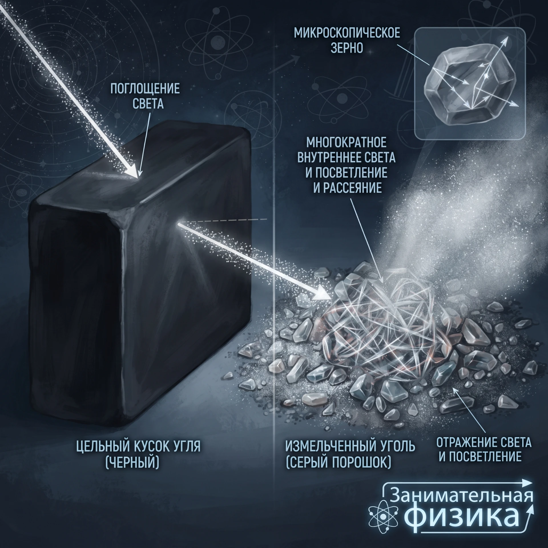 ⚫ Почему уголь черный, а измельченный в порошок становится серым?