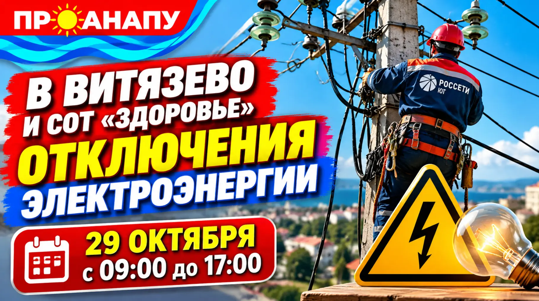 В Витязево и СОТ «Здоровье» 29 октября возможны отключения электроэнергии