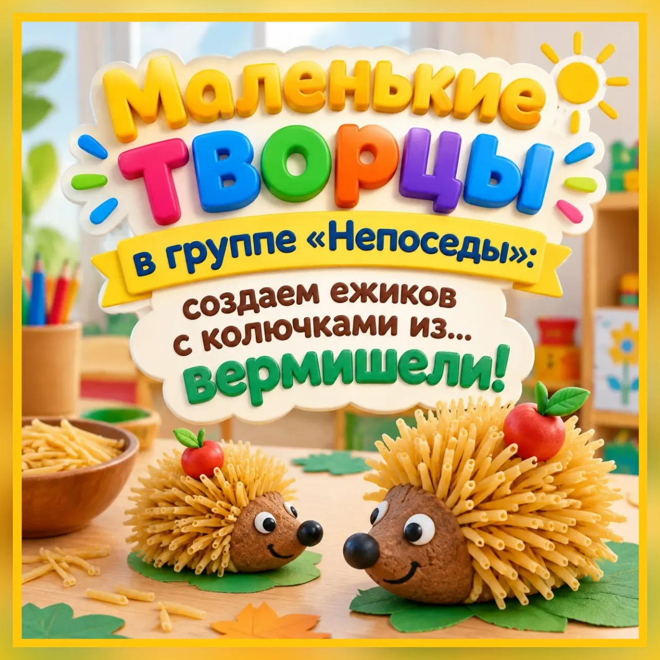Маленькие творцы в группе «Непоседы»: создаем ежиков с колючками из… вермишели!