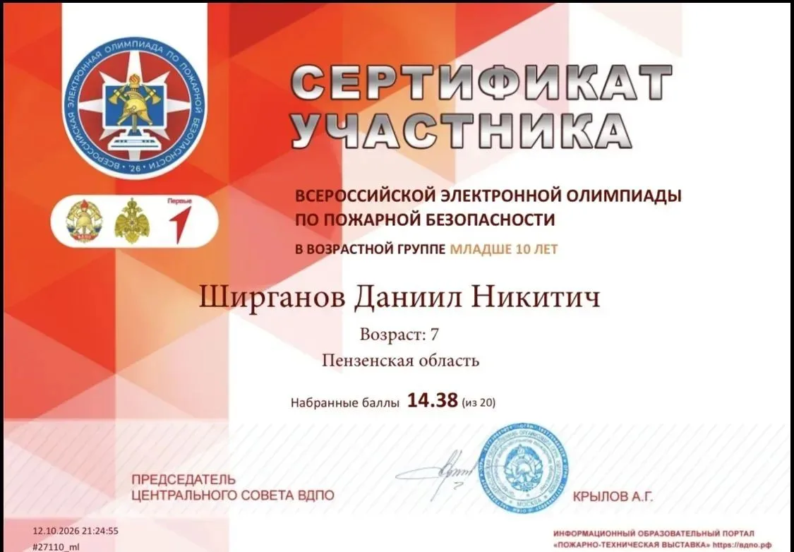 Поздравляем  Ширганова Даниила с успешным прохождением Всероссийской электронной олимпи...