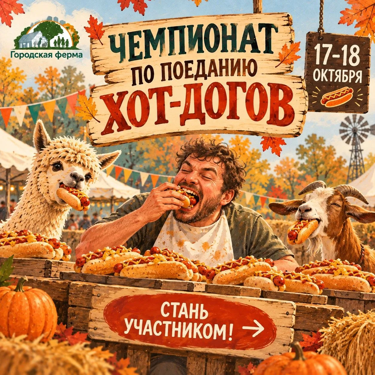 🌭 Чемпионат по поеданию хот-догов пройдет на Городской ферме! 🦙