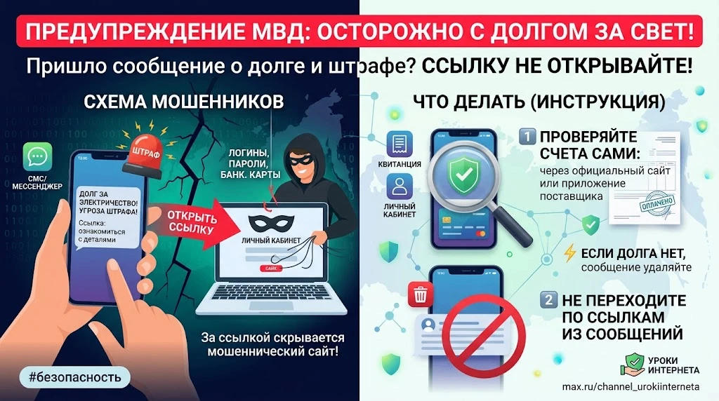 Пришло сообщение о долге за электричество и угрозе штрафа? Ссылку не открывайте