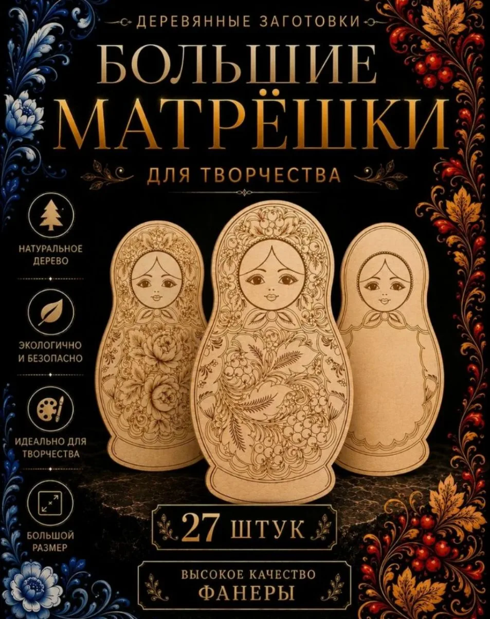 Деревянные заготовки Большие Матрешки для раскрашивания 27 шт