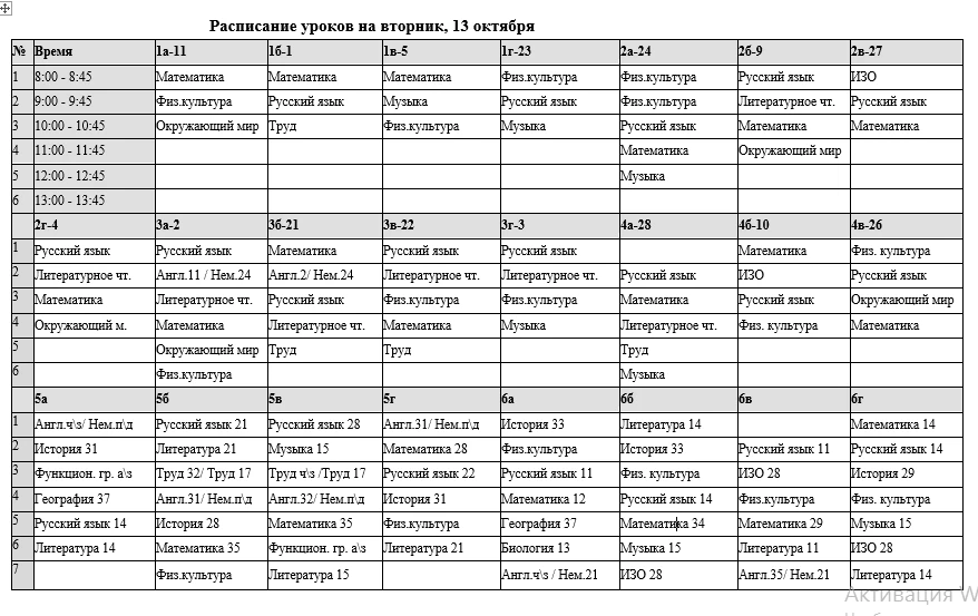 Расписание уроков на вторник, 13 октября, с изменениями основного расписания, в связи с...