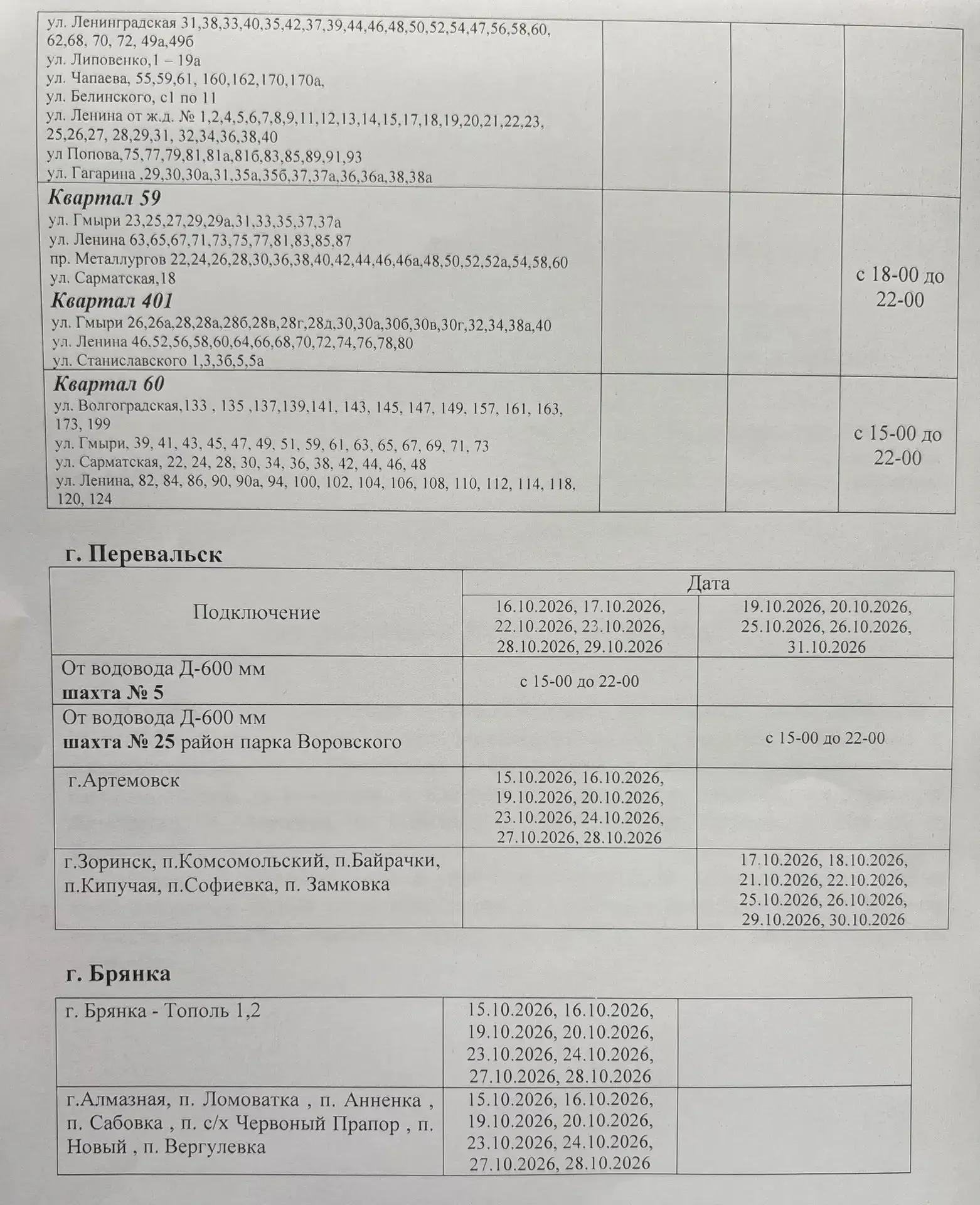 В связи с атаками ВСУ с 15 октября изменён график подачи воды в Алчевске, Брянке и Пере...