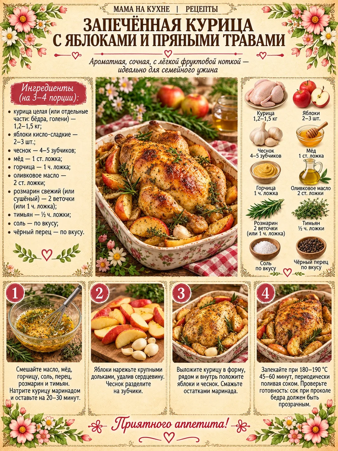 🌸 Запечённая курица с яблоками и пряными травами 🌸