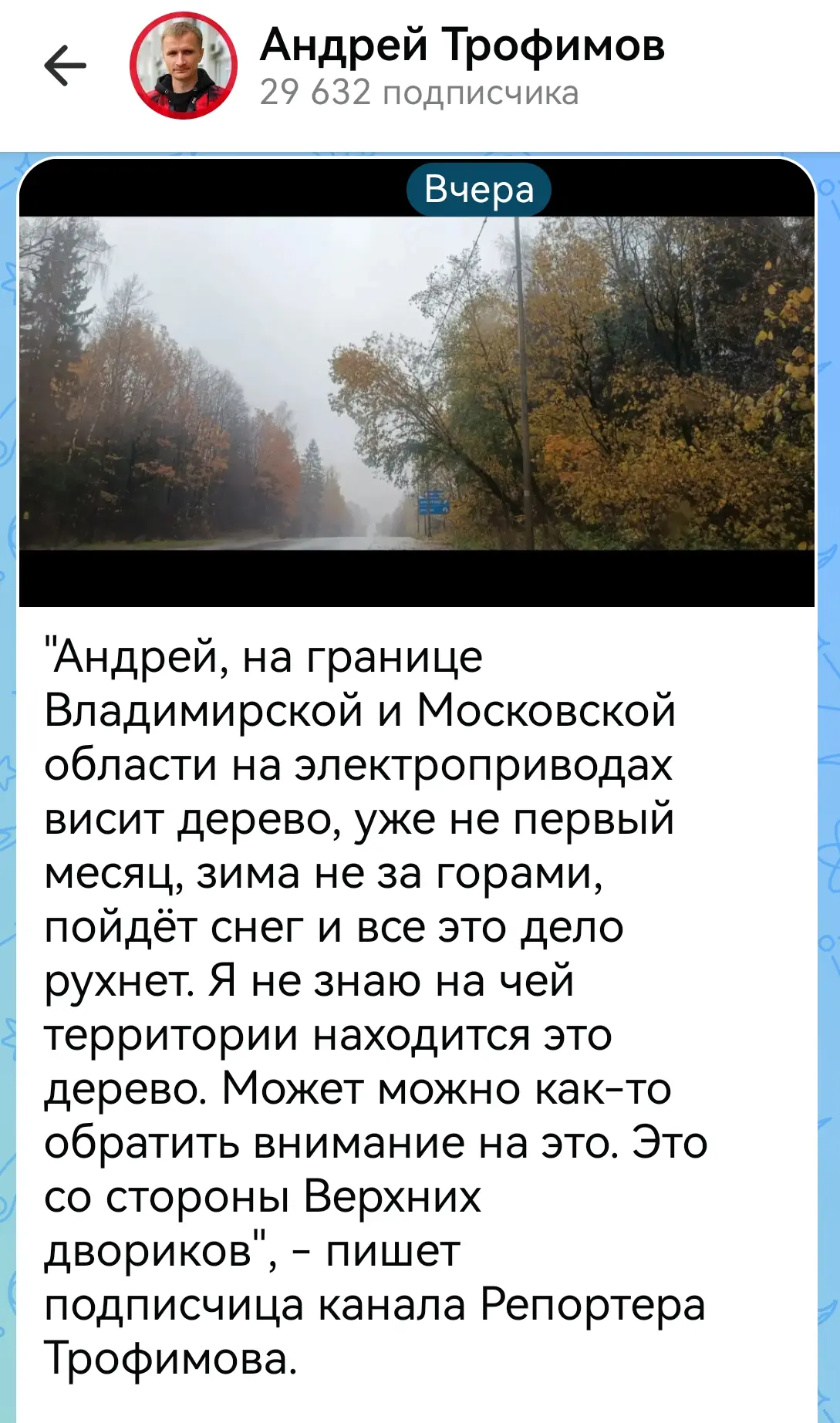 РЕАКЦИЯ: "Андрей, по моему вчерашнему обращению к Вам. Сегодня дерево убрали. Спасибо в...