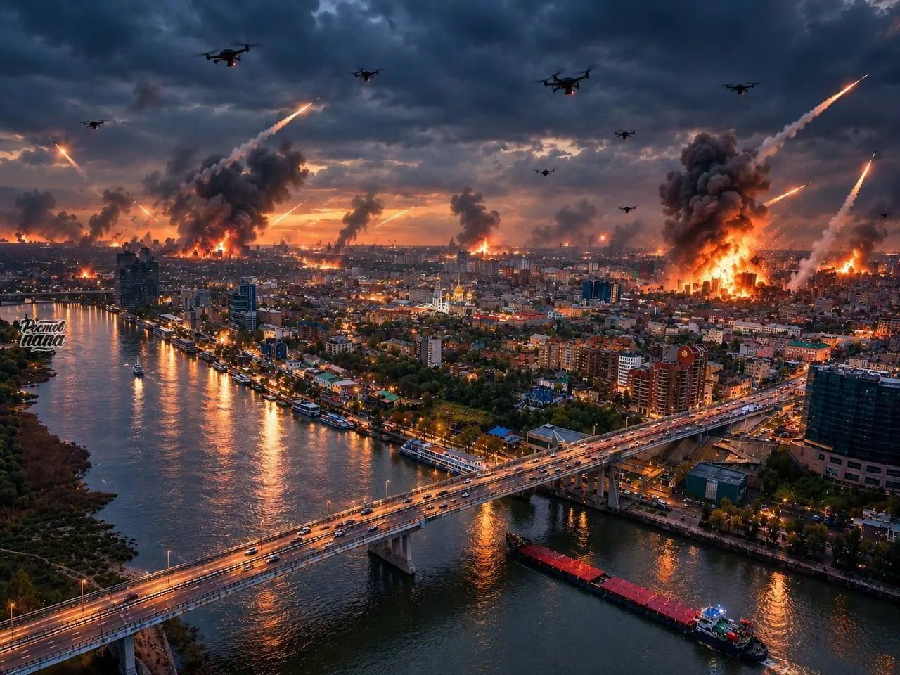 💥 Опять взрыв, стрельба и звуки БПЛА. Из Ростова виден пожар в поле после падения обло...