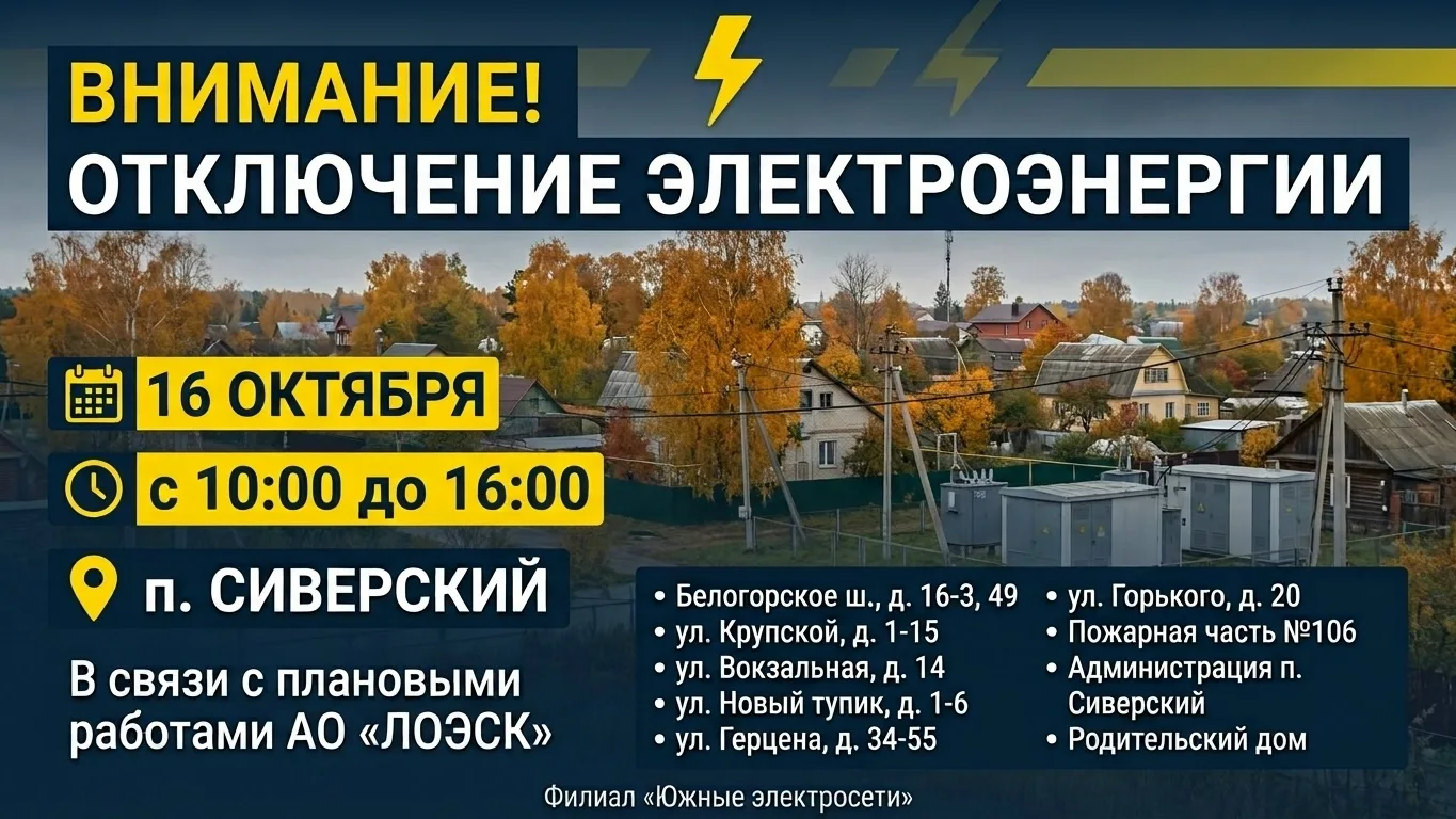 ⚡️ Внимание, плановое отключение электричества в Сиверском!