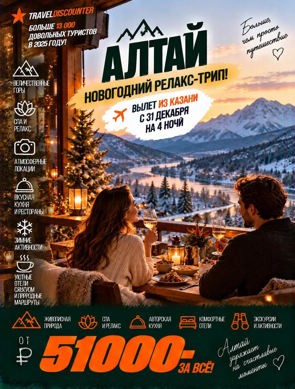 🎄 Встретить Новый год на Алтае из Казани 31 декабря — от 51 000 ₽ вместо 66 415 ₽! Акц...