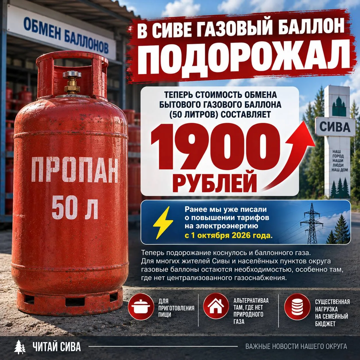 ‼️ В Сиве газовый баллон подорожал до 1900 рублей!