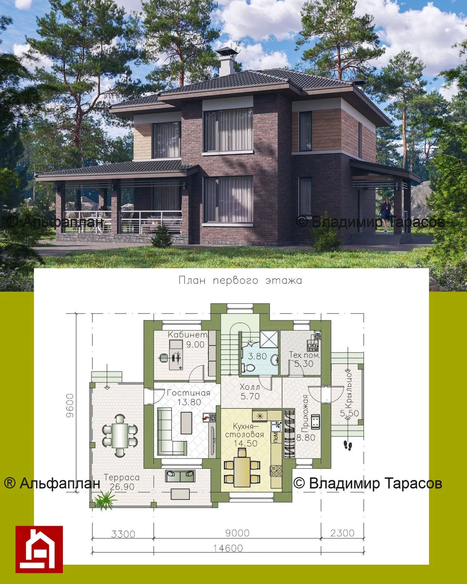 Современный проект дома, фасады из кирпичей.