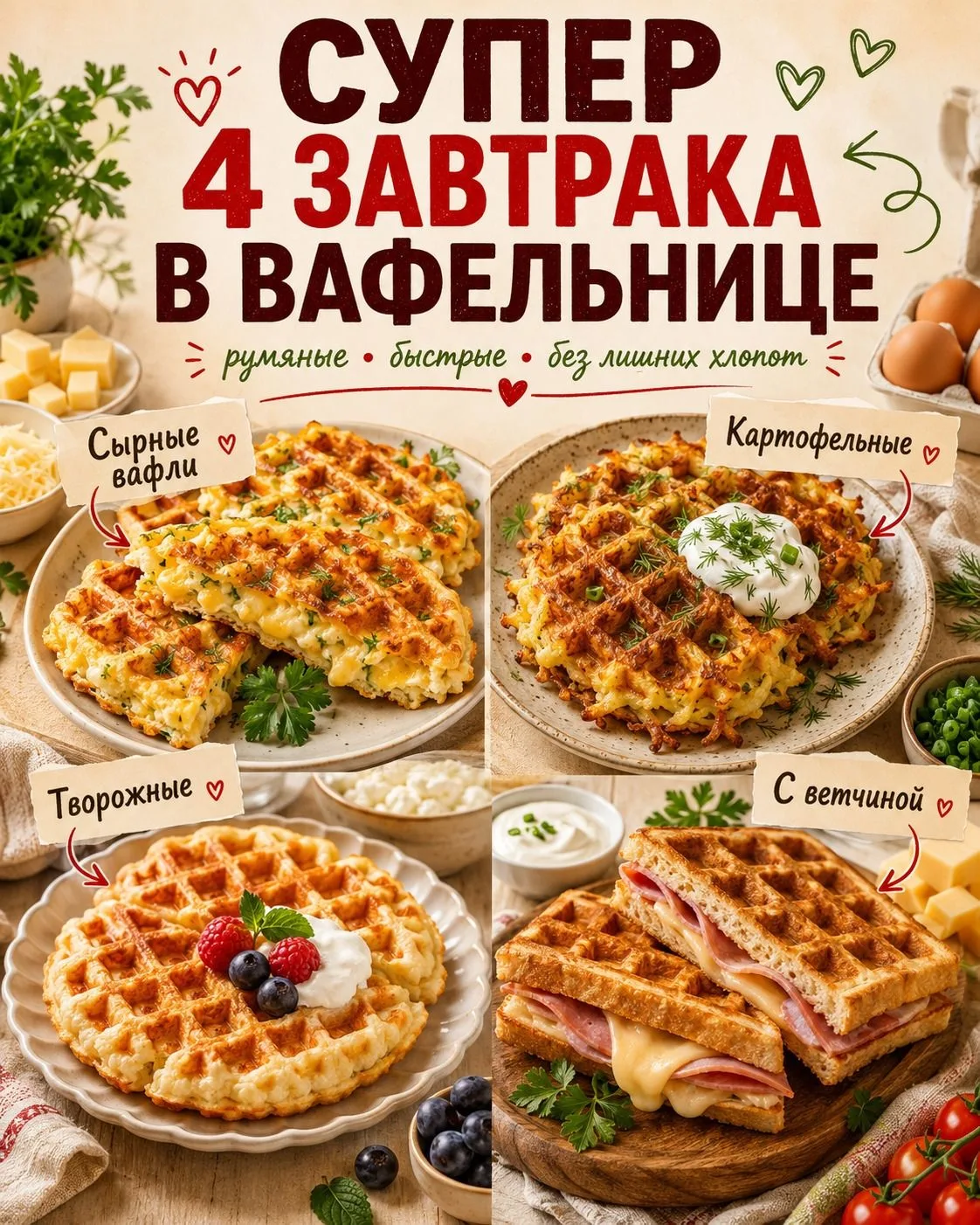 Супер 4 завтрака в вафельнице — сохраняйте сразу 🧇❤️