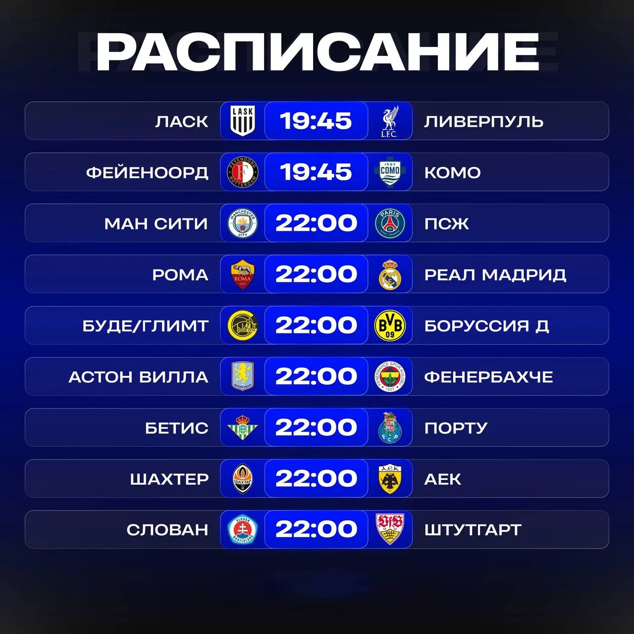 🇪🇺 Расписание матчей Лиги Чемпионов на сегодня