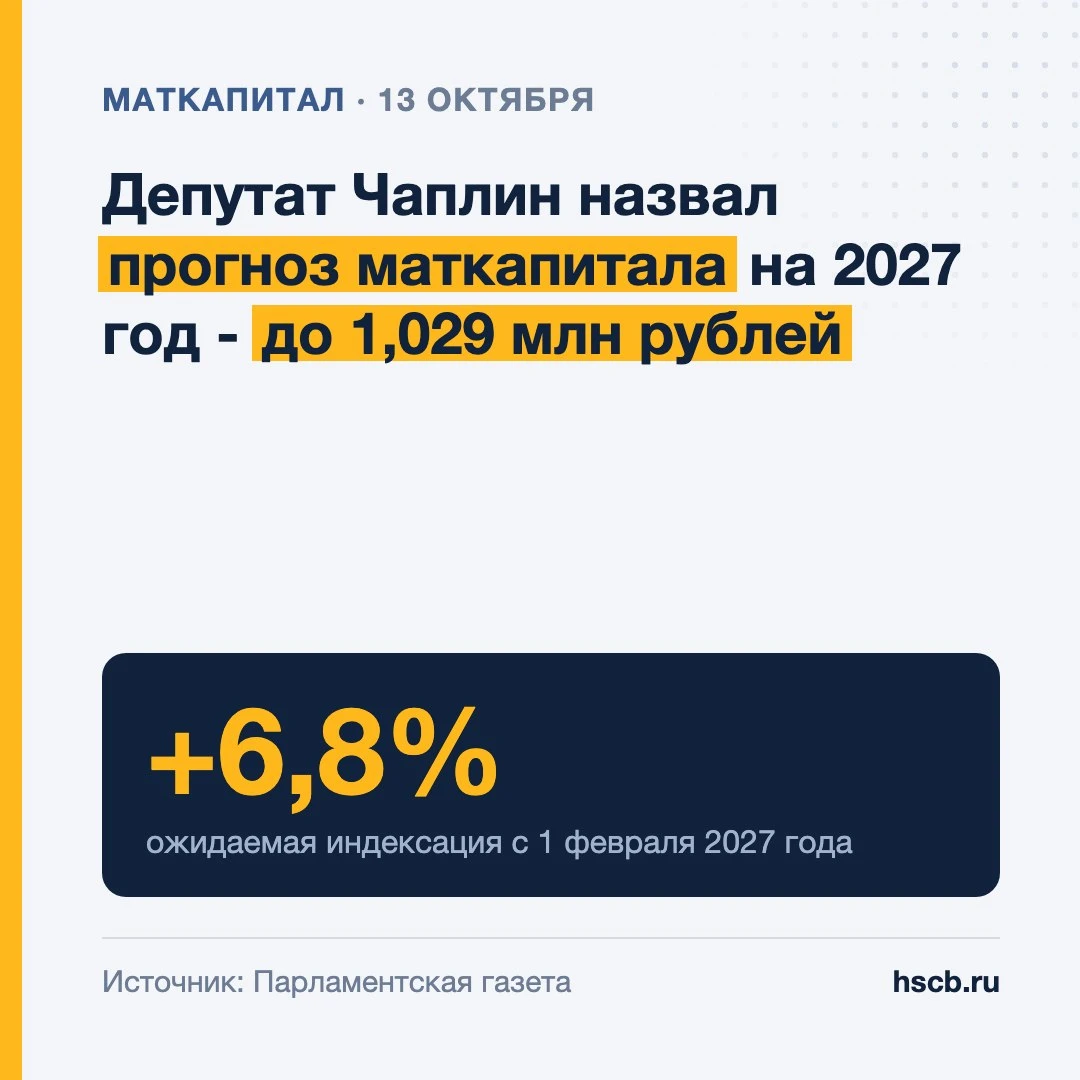 📄 Депутат Чаплин назвал прогноз маткапитала на 2027 год - до 1,029 млн рублей