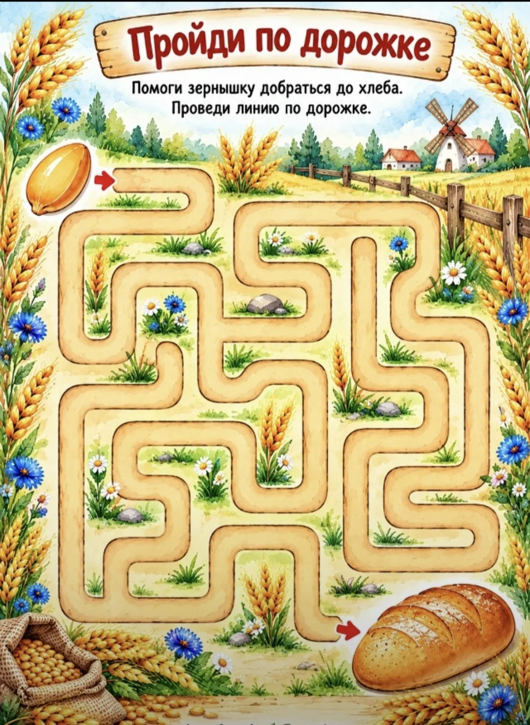 🐥👣 Помоги зернышку добраться до хлеба! 🍞 Пройди по дорожке! 🧭🚶‍♂️